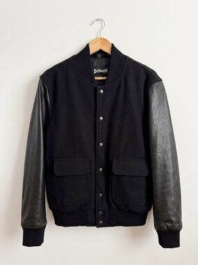 Scott Black Wool Body with Leather-Sleeve Bomber Jacket
